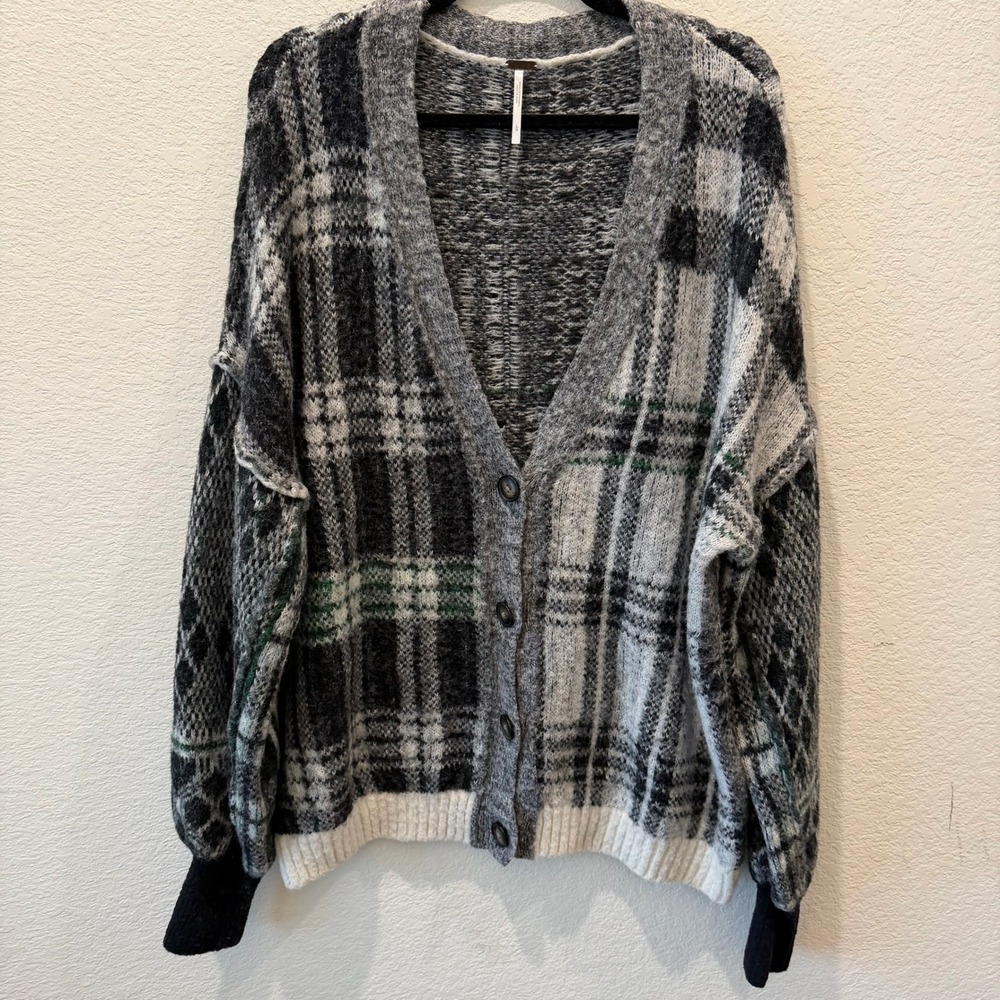 Free People Mixed Plaid Argyle Oversized Wool Blend Cardigan Grey Black Large